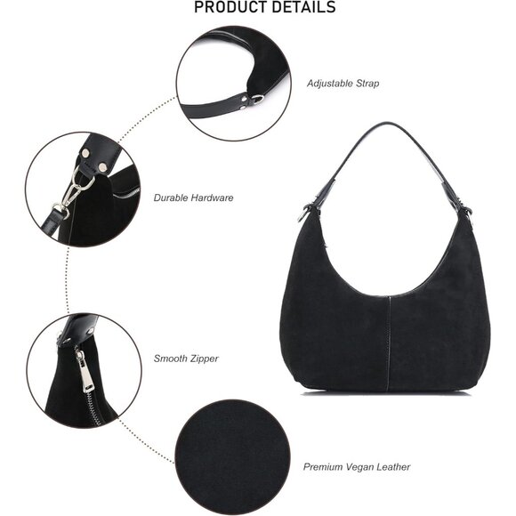 Suede Women's Crescent Hobo Bag Small Crossbody Purse Vegan Leather Zipper - Picture 5 of 7